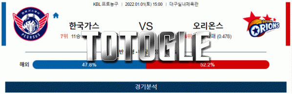토토글 2022년 01월 01일 한국가스공사 고양오리온스 경기분석 KBL 농구