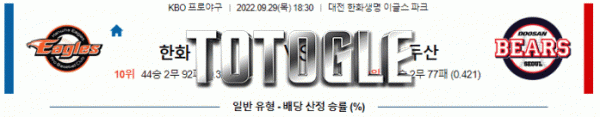 토토글 2022년 09월 29일 한화 두산 경기분석 KBO 야구