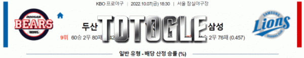 토토글 2022년 10월 07일 두산 삼성 경기분석 KBO 야구