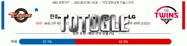 토토글 2022년 09월 27일 한화 LG 경기분석 KBO 야구