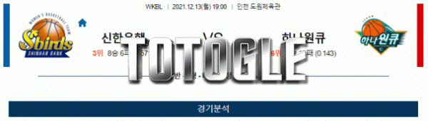 토토글 2021년 12월 13일 신한은행 하나원큐 경기분석 WKBL 농구