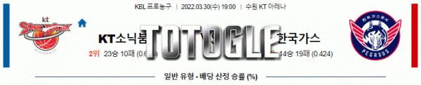 토토글 2022년 03월 30일 KT소닉붐 한국가스공사 경기분석 KBL 농구